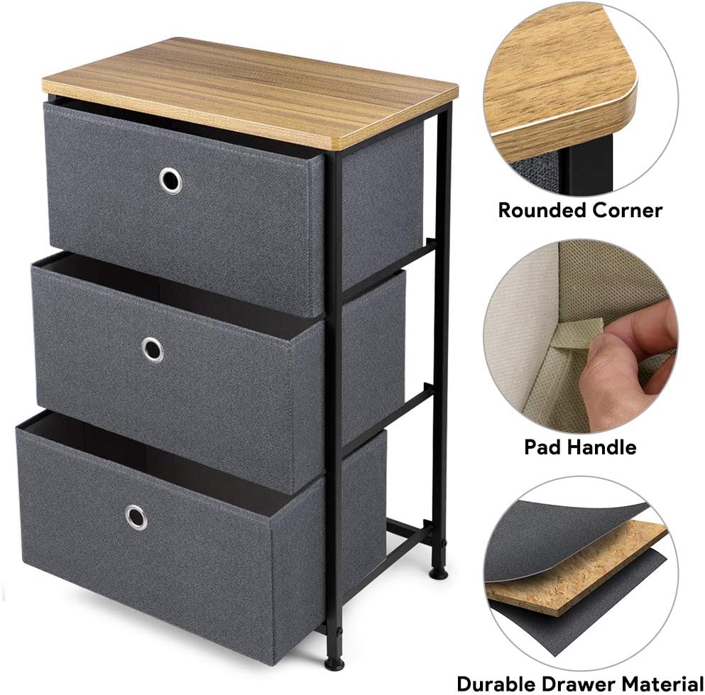28" Vertical Dresser with 3 Drawers Fabric Nightstand with Steel Frame and Wood Top F858