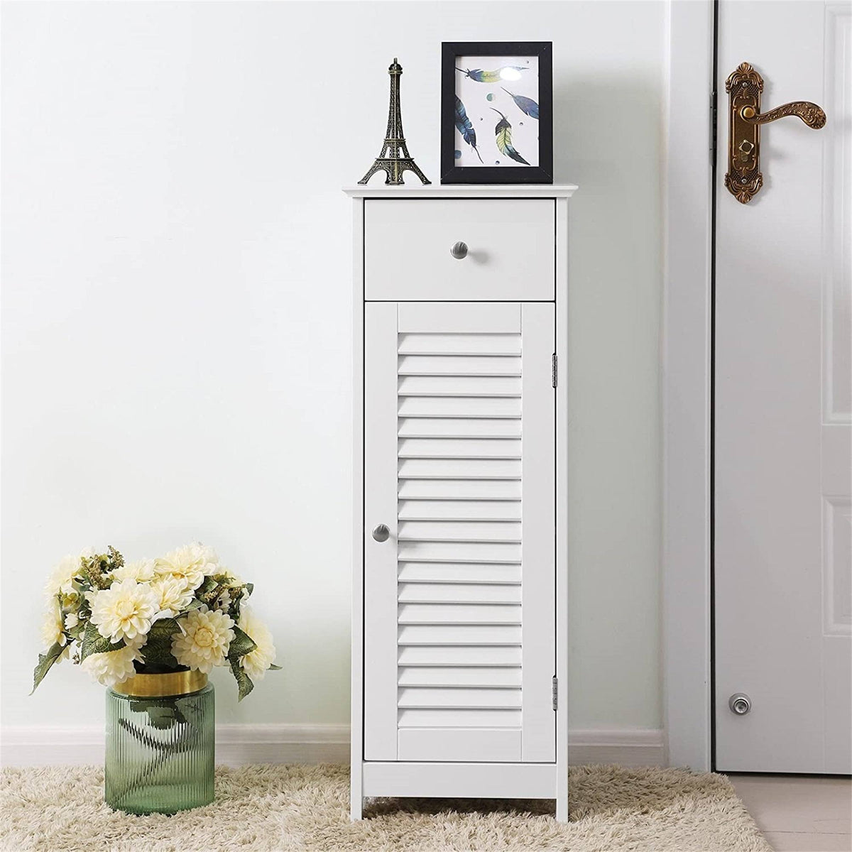 White Wood Finish Bathroom Floor Cabinet with Drawer O360
