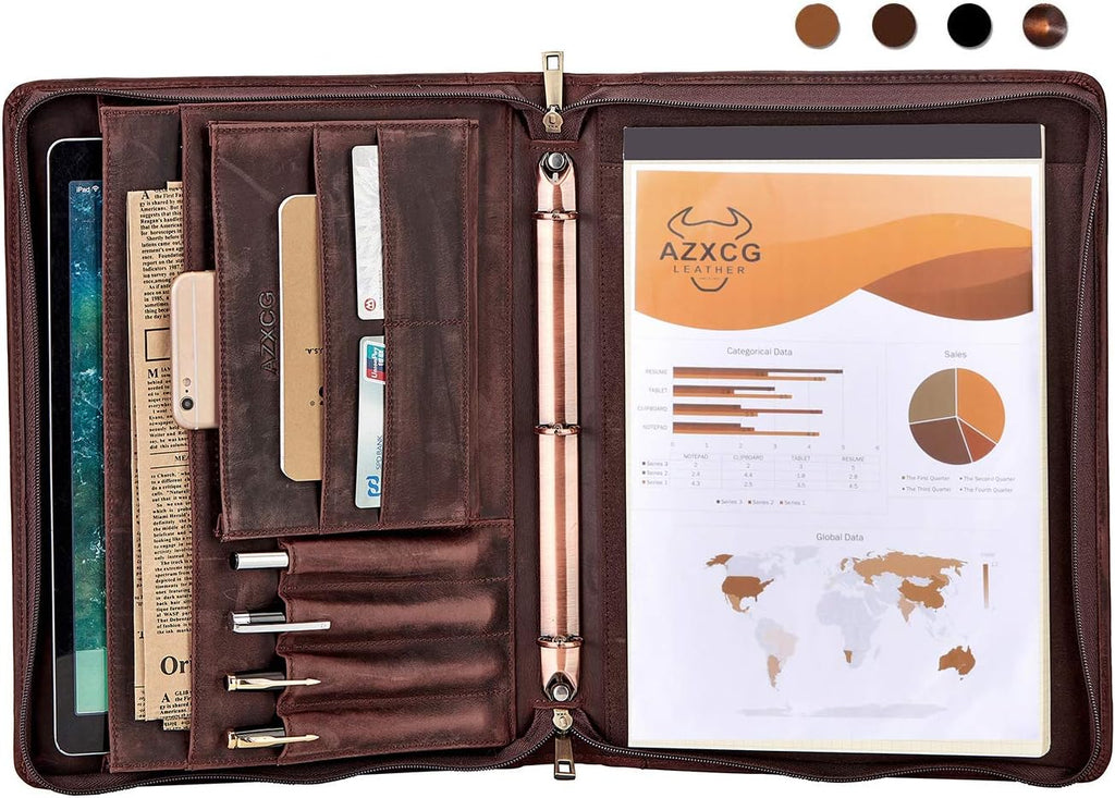 Dark Brown Genuine Leather Padfolio Binder with YKK Zipper G92018