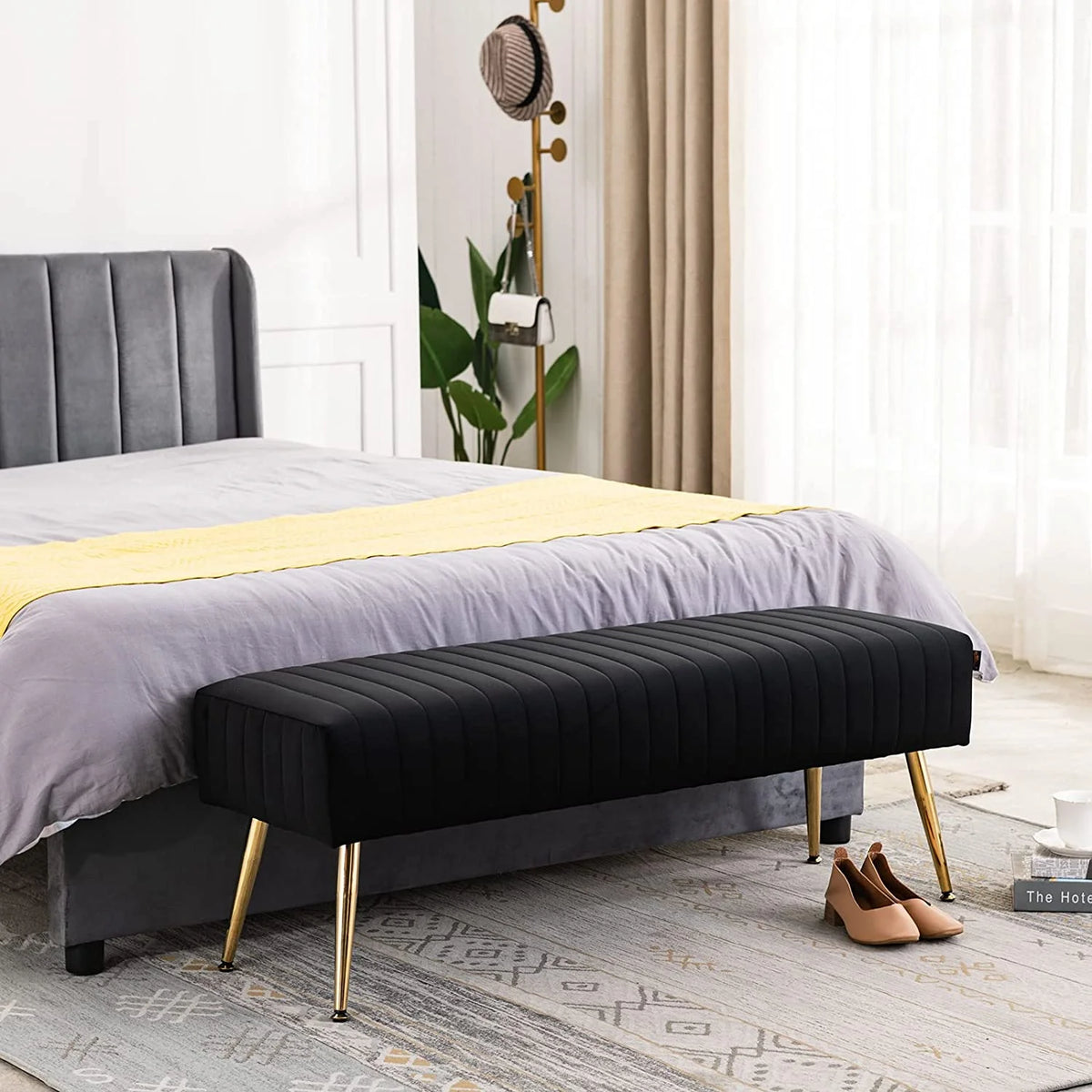 44 Inch Velvet Ottoman Bench with Gold Legs O3150