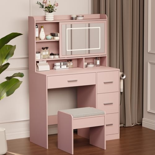 White Vanity Desk with Mirror and Chair B704298