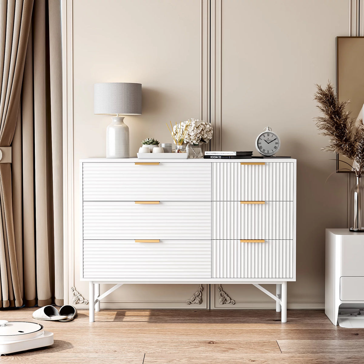 Creamy 6 Drawer Wood Dresser with Metal Base M882