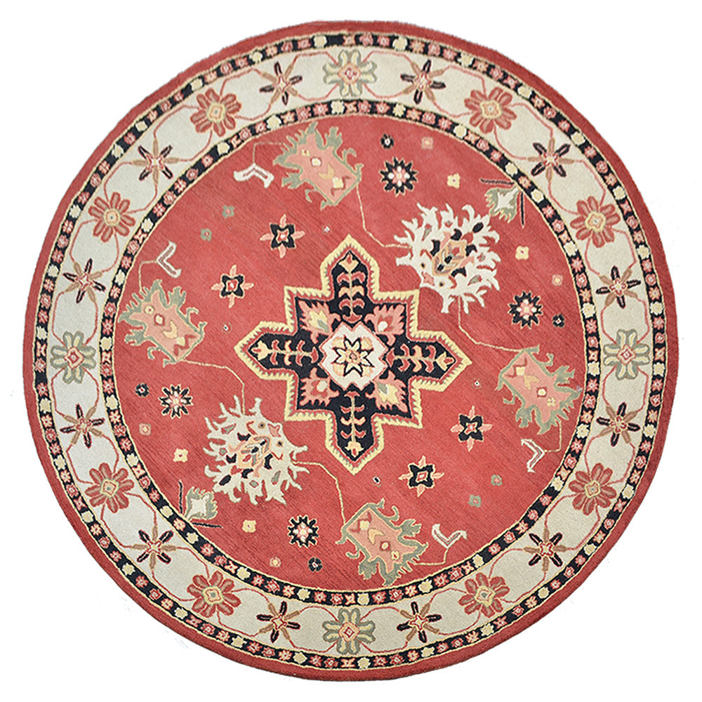 10'x10' Round Red Cream Hand Tufted Wool Area Rug O19679