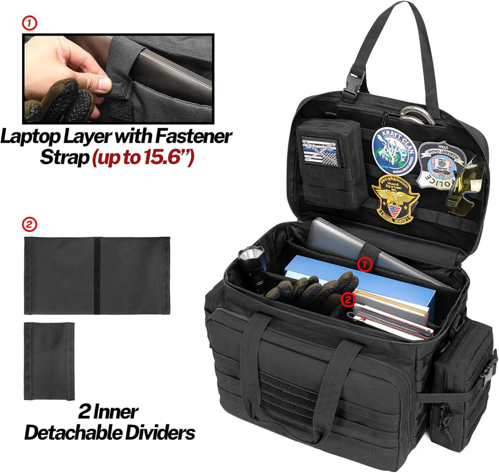 Black Patrol Duty Bag with 2 Detachable MOLLE Pouches & Laptop Layer L125