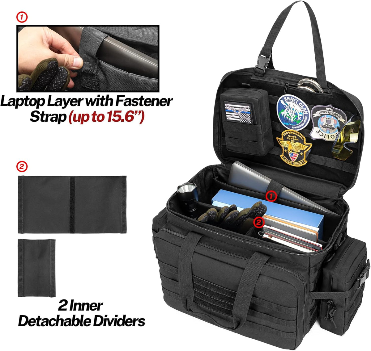 Black Patrol Duty Bag with 2 Detachable MOLLE Pouches & Laptop Layer L125