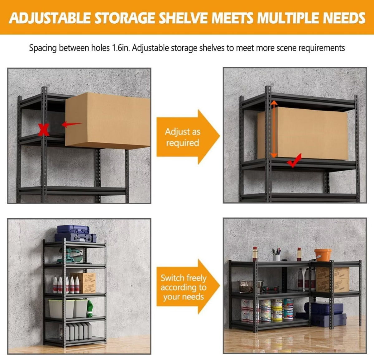 Heavy Duty 5-Tier Metal Garage Storage Shelving Rack, 35.8" W x 16.2" D x 72" H V71584