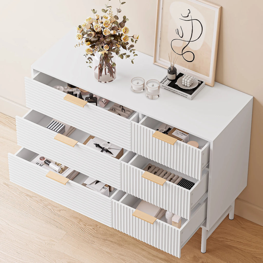 Creamy 6 Drawer Wood Dresser with Metal Base M882