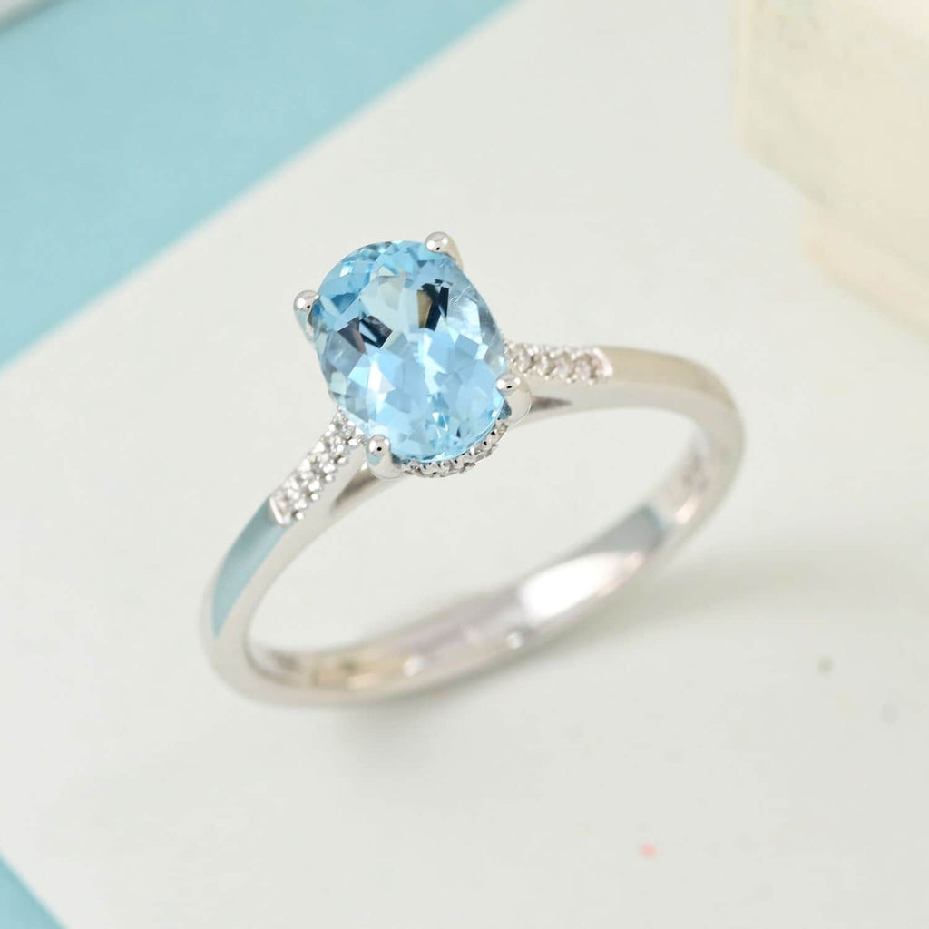 Blue Aquamarine White Diamond Oval 18K White Gold Ring Size 6 Ct 1.13 G-H Color Si1 Clarity F6768