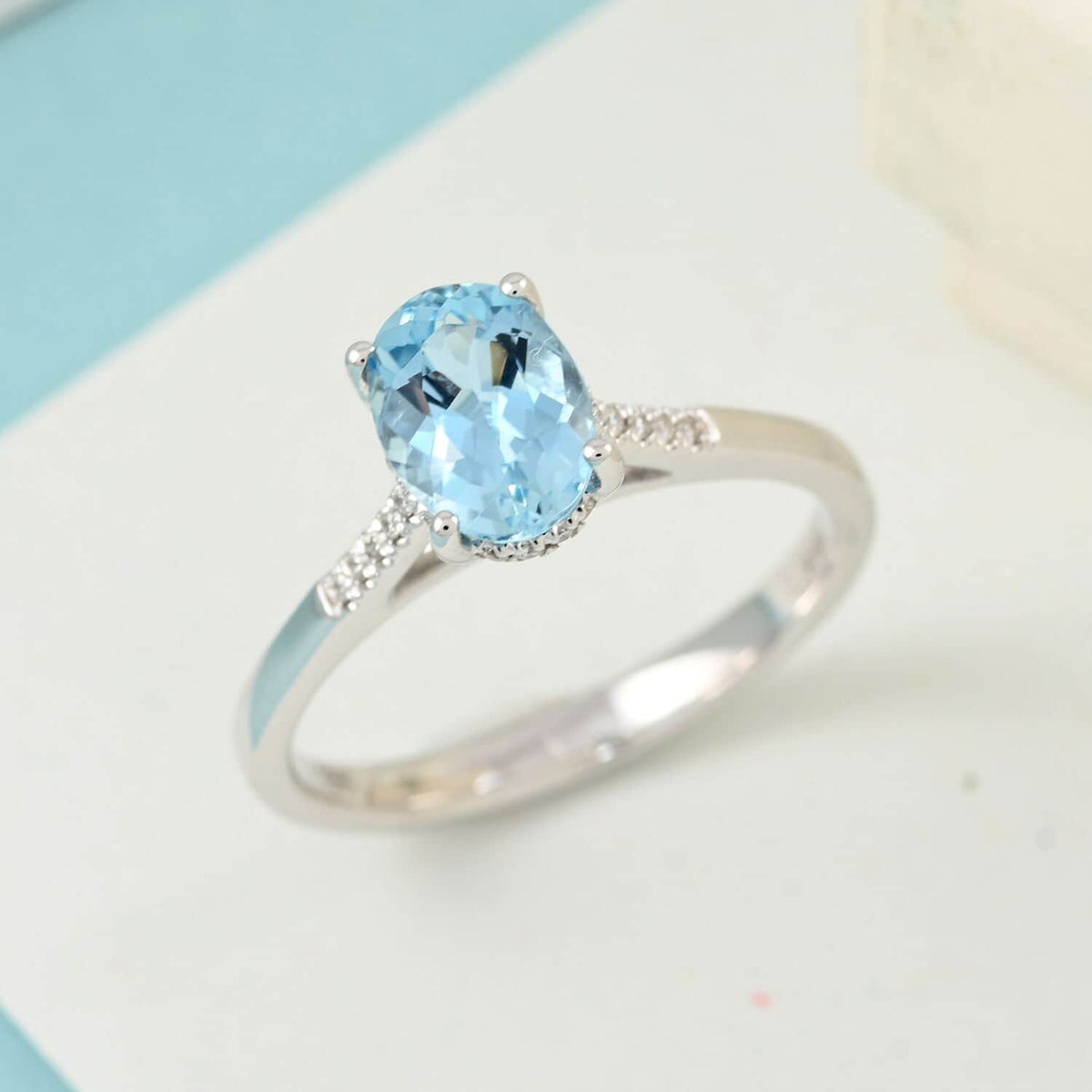 Blue Aquamarine White Diamond Oval 18K White Gold Ring Size 6 Ct 1.13 G-H Color Si1 Clarity F6768