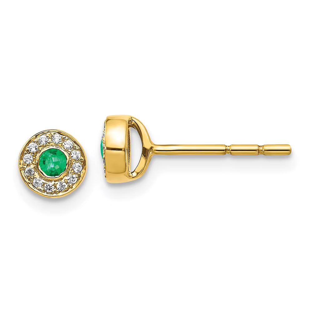 Real 14kt Yellow Gold Diamond and Emerald Halo Post Earrings G2833