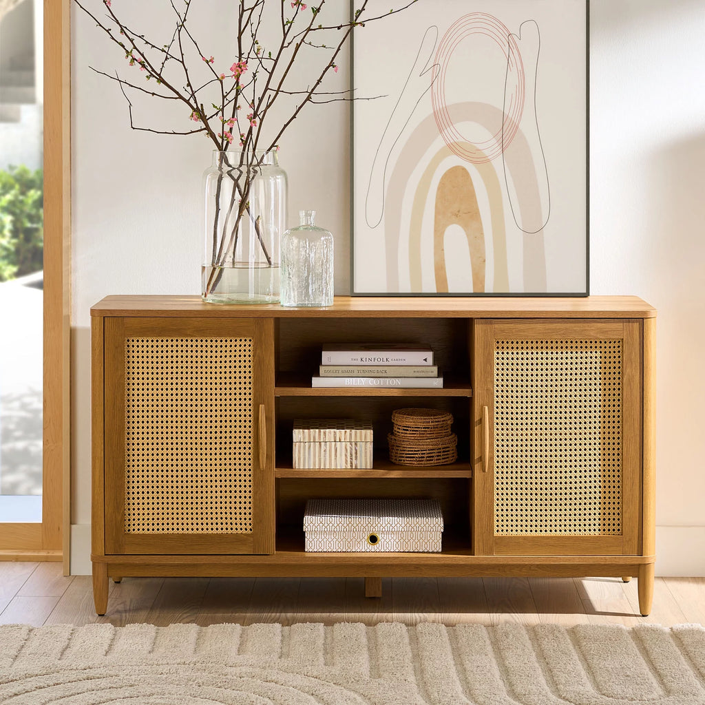 Cane TV Stand for TVs up to 65, Light Honey Finish V24568