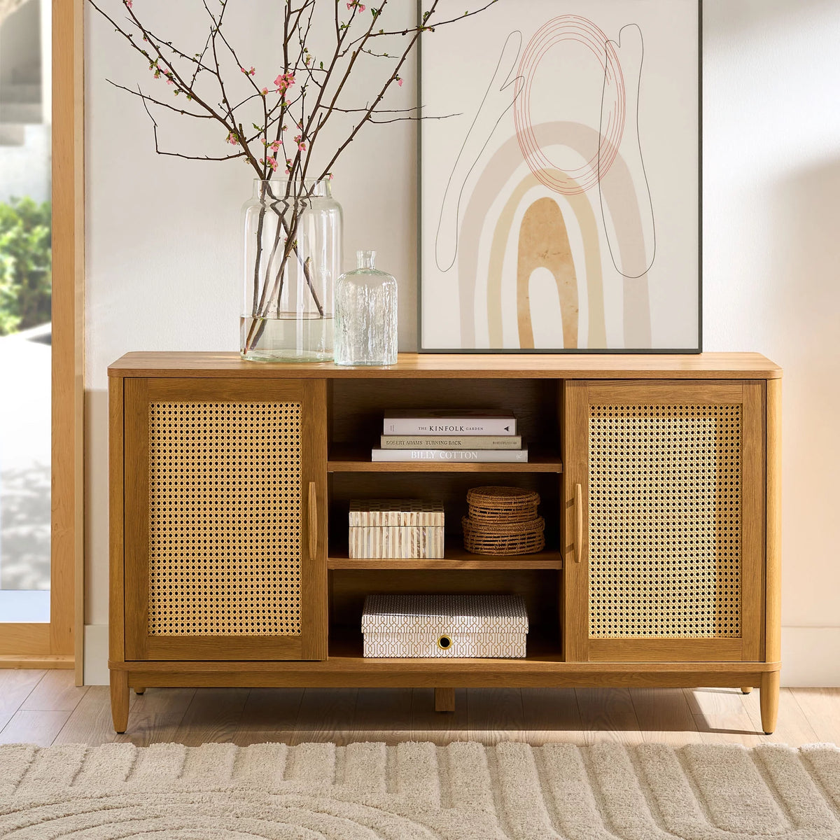 Cane TV Stand for TVs up to 65, Light Honey Finish V24568