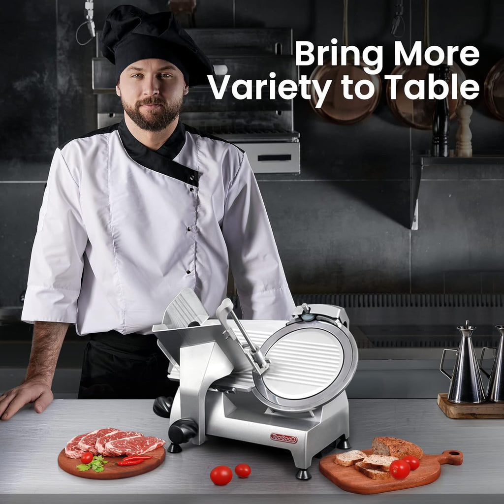 Electric Meat Slicer with 8 Carbon Steel Blade, 0.5mm to 15mm Adjustable Slicing Thickness E10354