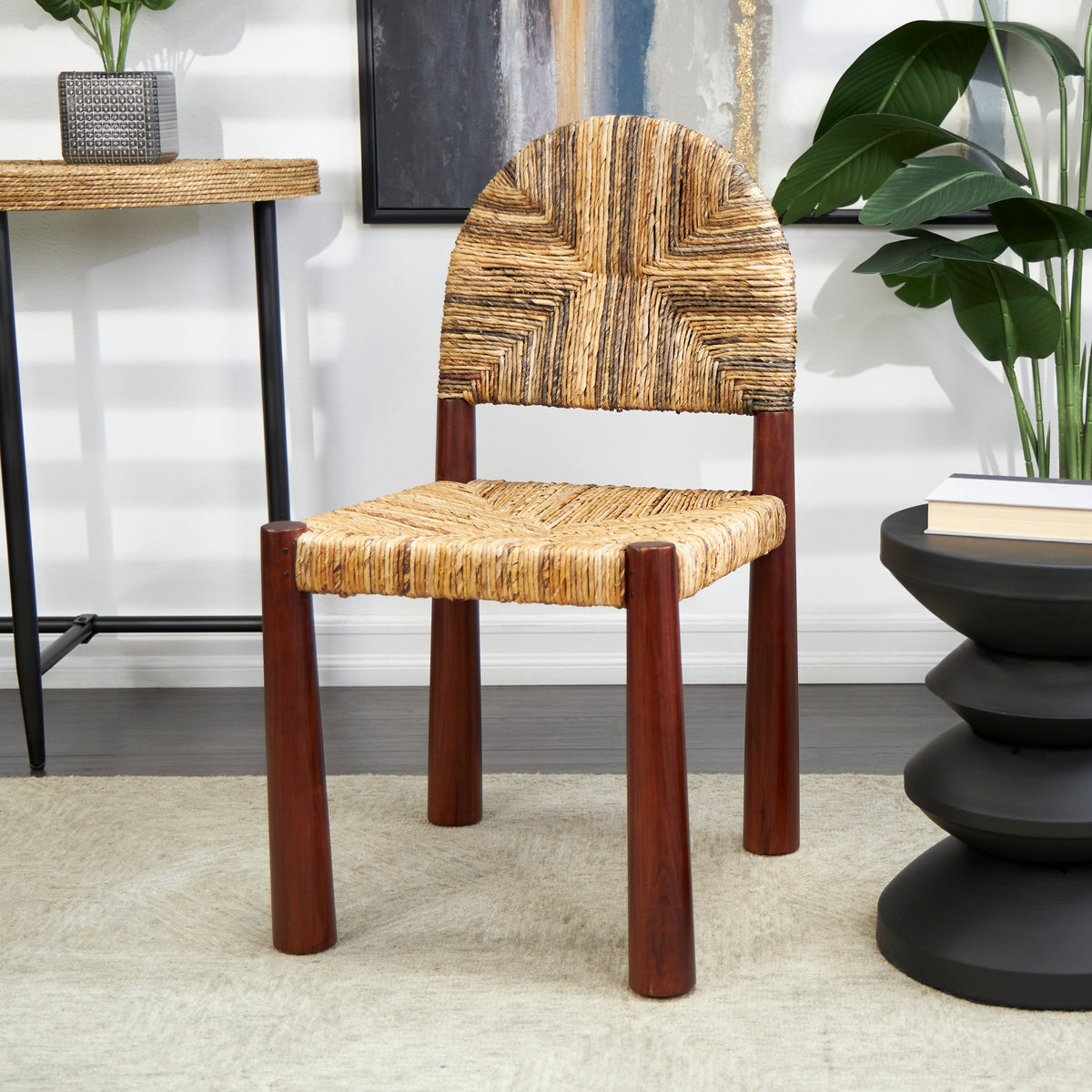Light Brown Handmade Wood Lounge Chair with Woven Banana Leaf Seat, Set of 2 H99999