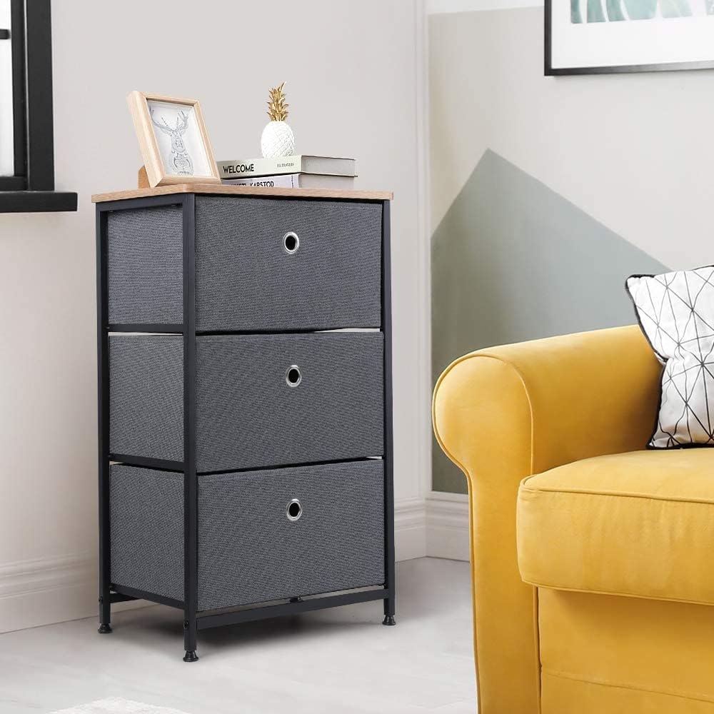 28" Vertical Dresser with 3 Drawers Fabric Nightstand with Steel Frame and Wood Top F858