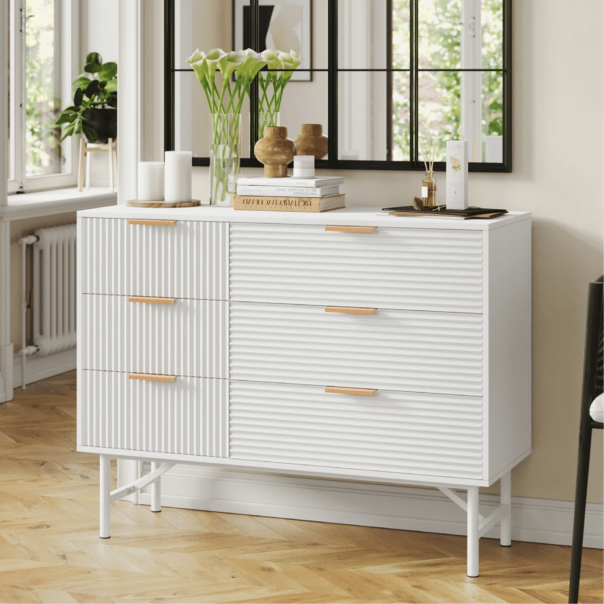Creamy 6 Drawer Wood Dresser with Metal Base M882