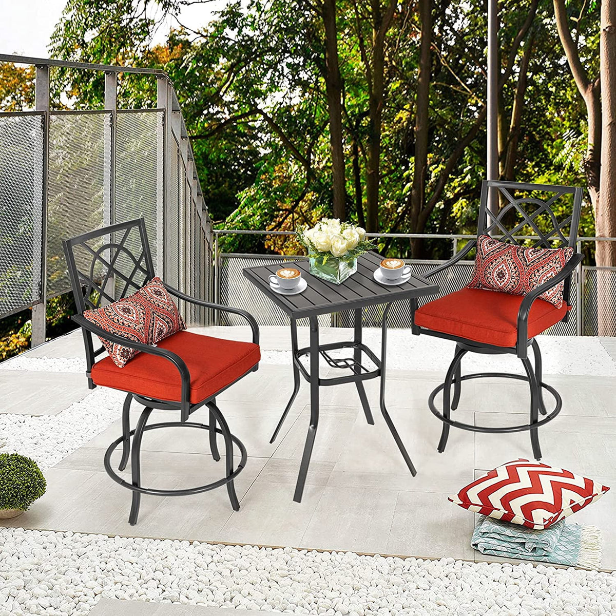 3 Pieces Outdoor Bar Height Bistro Set with Swivel Stools and Table, Black V575