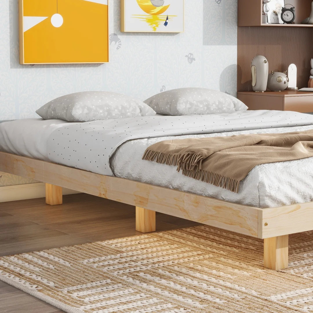 Full Size Grey Pinewood Floating Platform Bed with LED Lights X3267