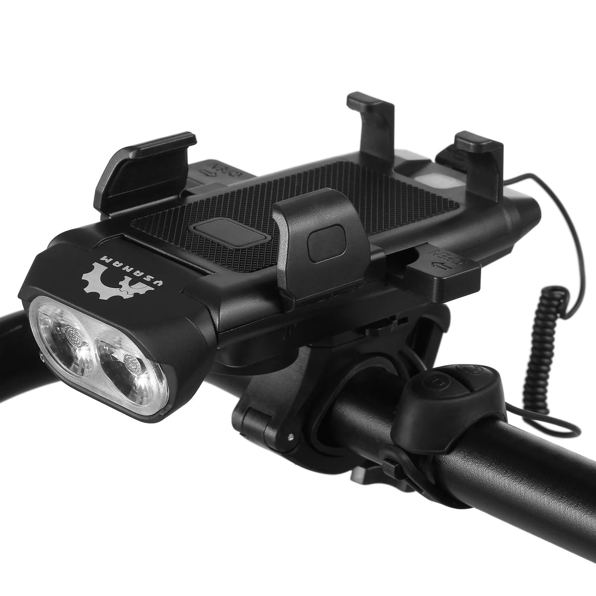 Front and Rear 4 in 1 USB Rechargeable Waterproof Headlight with Phone Holder Horn Z826494