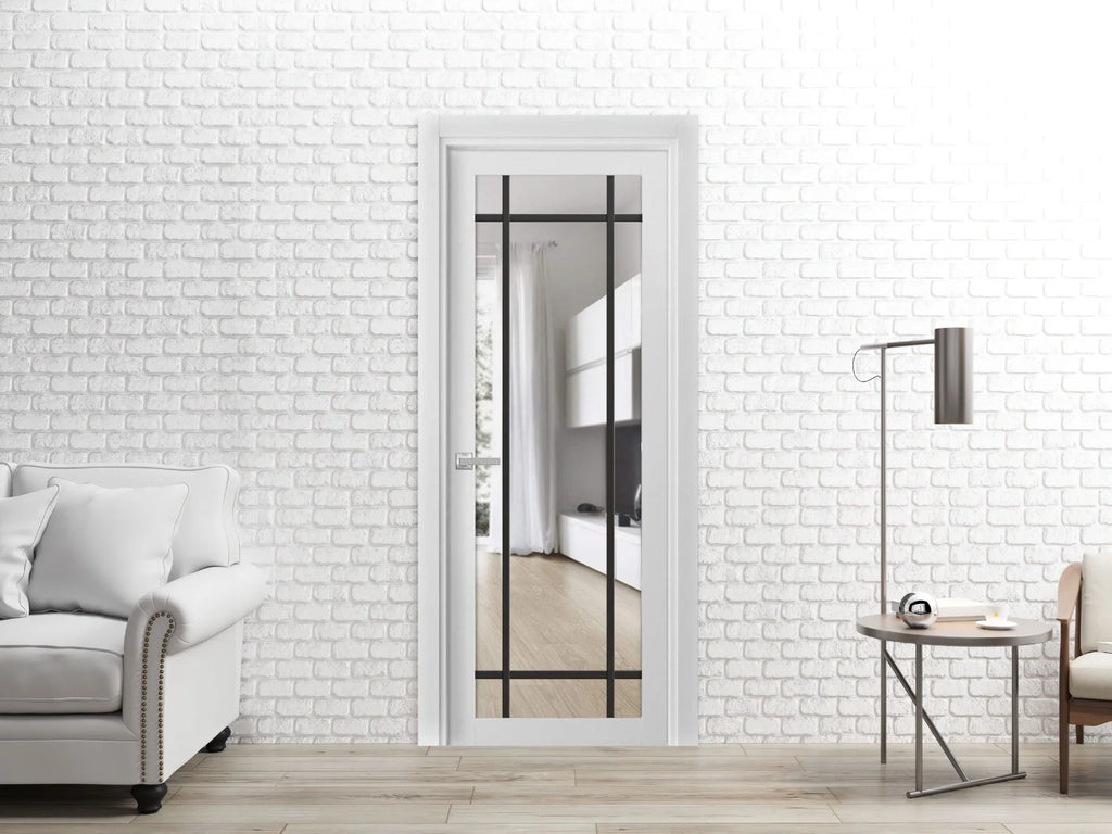 Solid French Door 30 x 80 inches White Silk Clear Glass Single Regular Panel Frame Trims Handle N62546