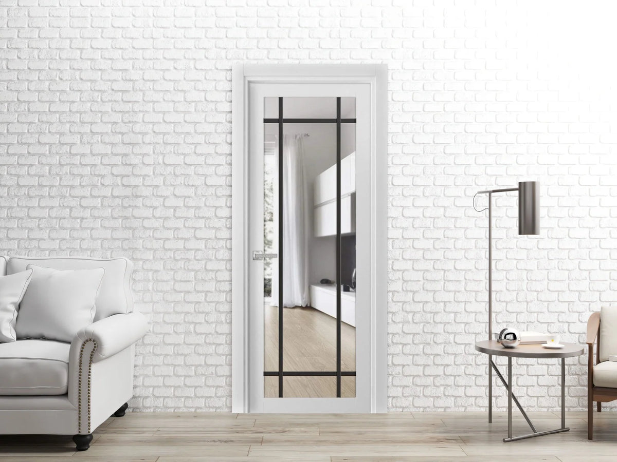 Solid French Door 30 x 80 inches White Silk Clear Glass Single Regular Panel Frame Trims Handle N62546