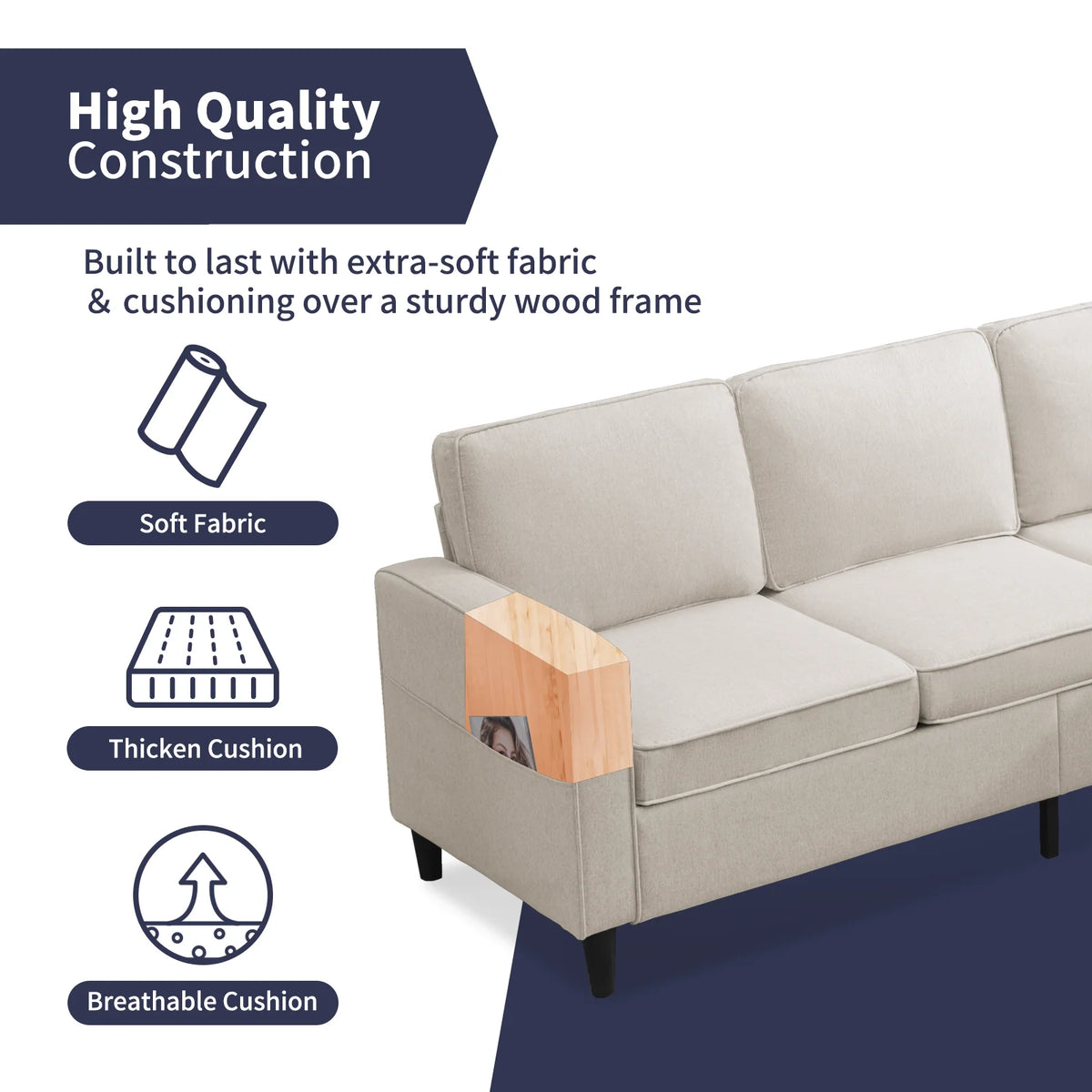 Beige Convertible Sectional Sofa Couch with Storage Ottoman A5396