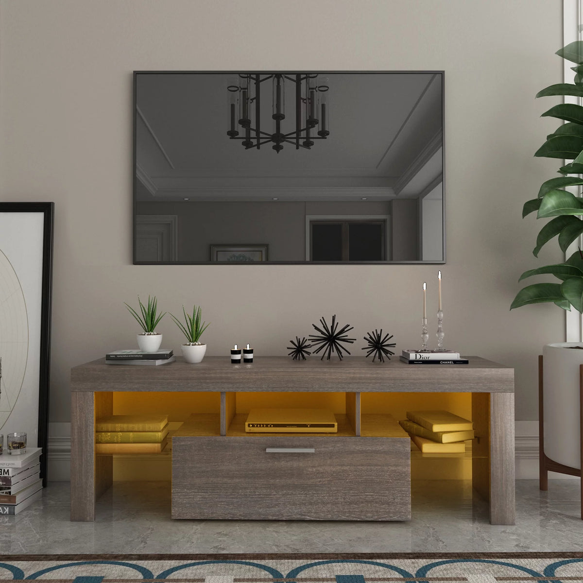 Brown TV Stand with LED Light and Storage Drawer X9021