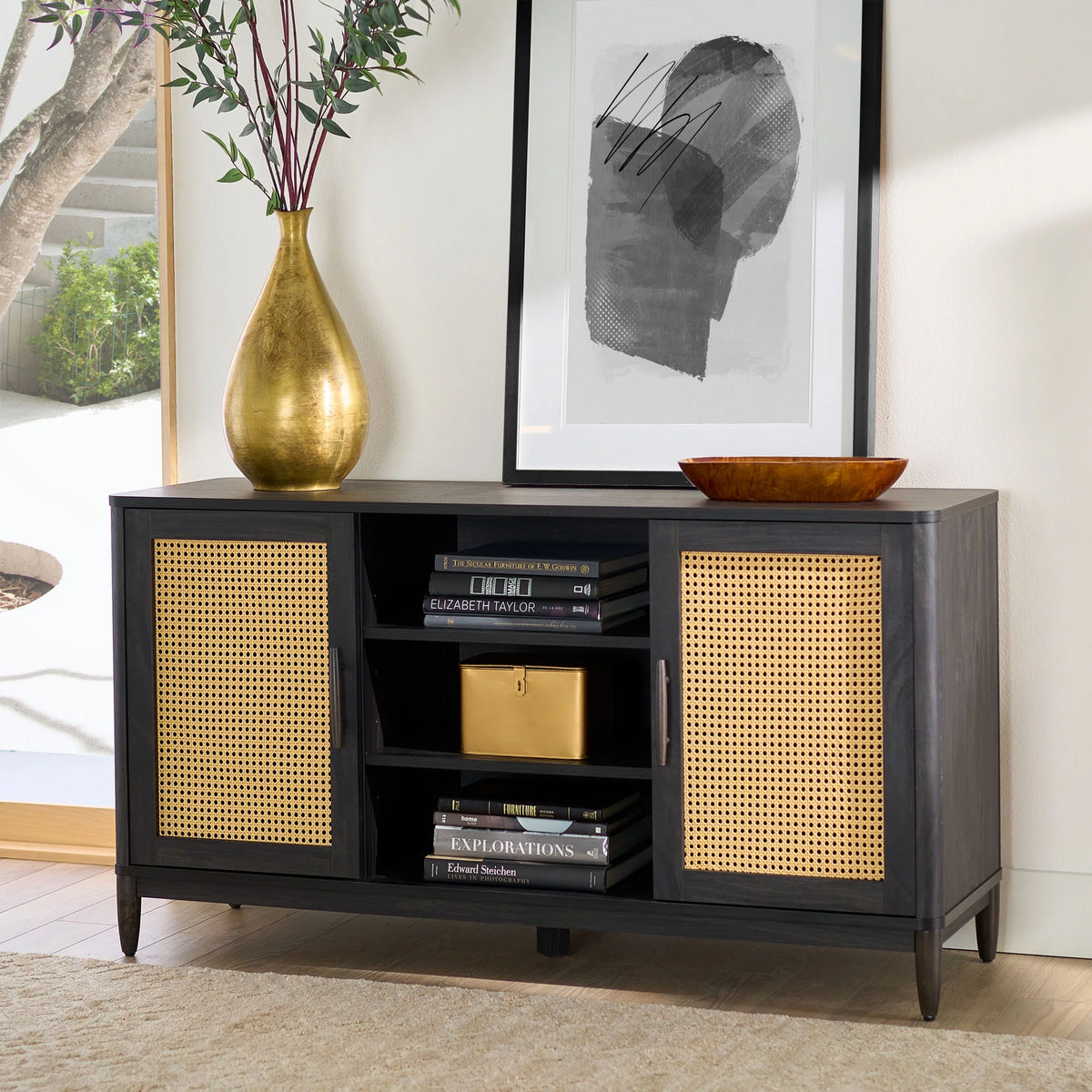 Cane TV Stand for TVs up to 65, Light Honey Finish V24568