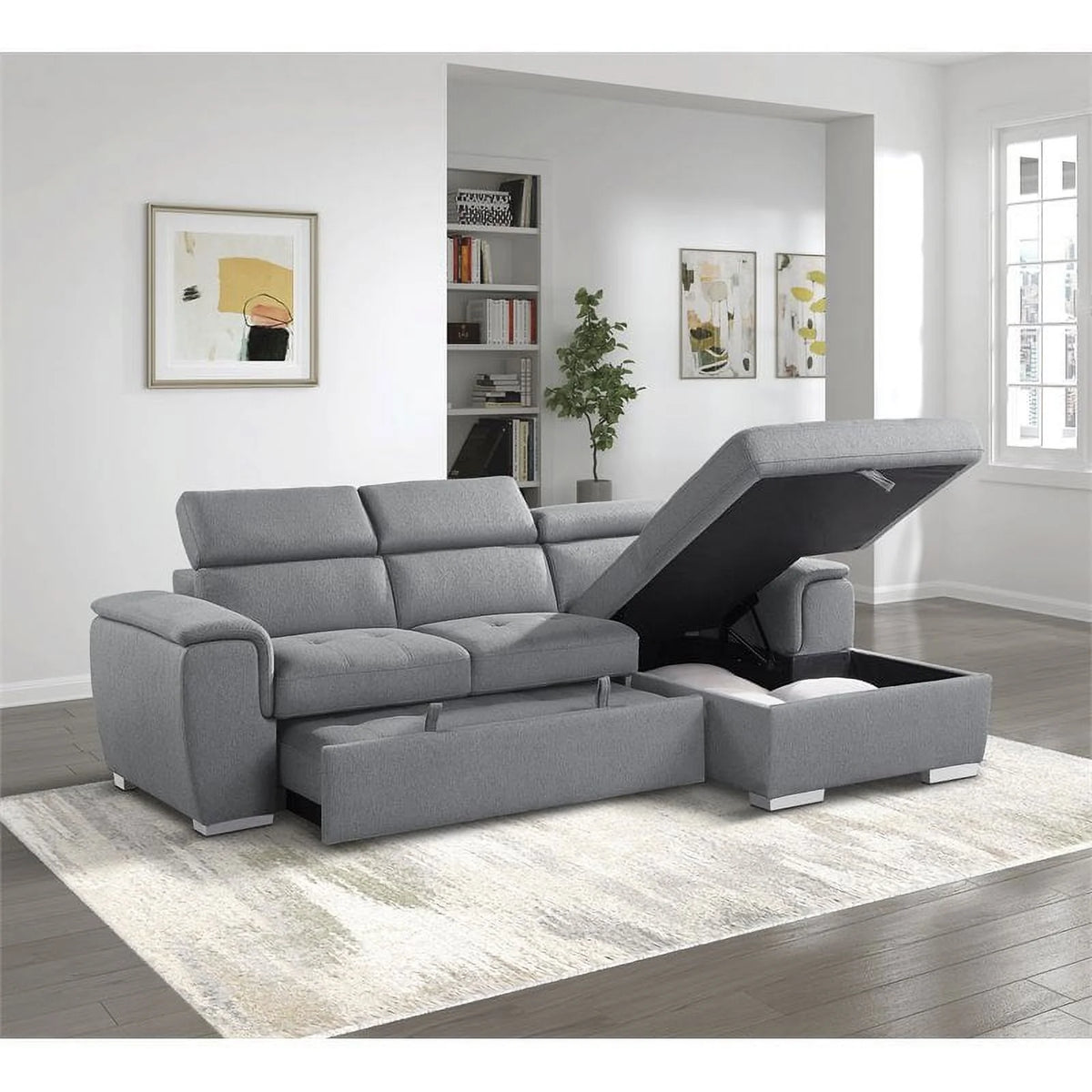 Gray 2-Piece Fabric Sectional with Pull-Out Bed K4498