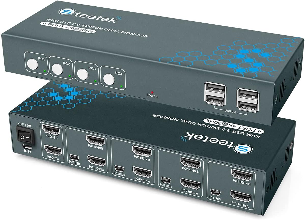 KVM Switch Dual Monitor 2 Port 4K@60Hz, HDMI, 2 in 2 Out, with 4 HDMI and 2 USB Cables L29541