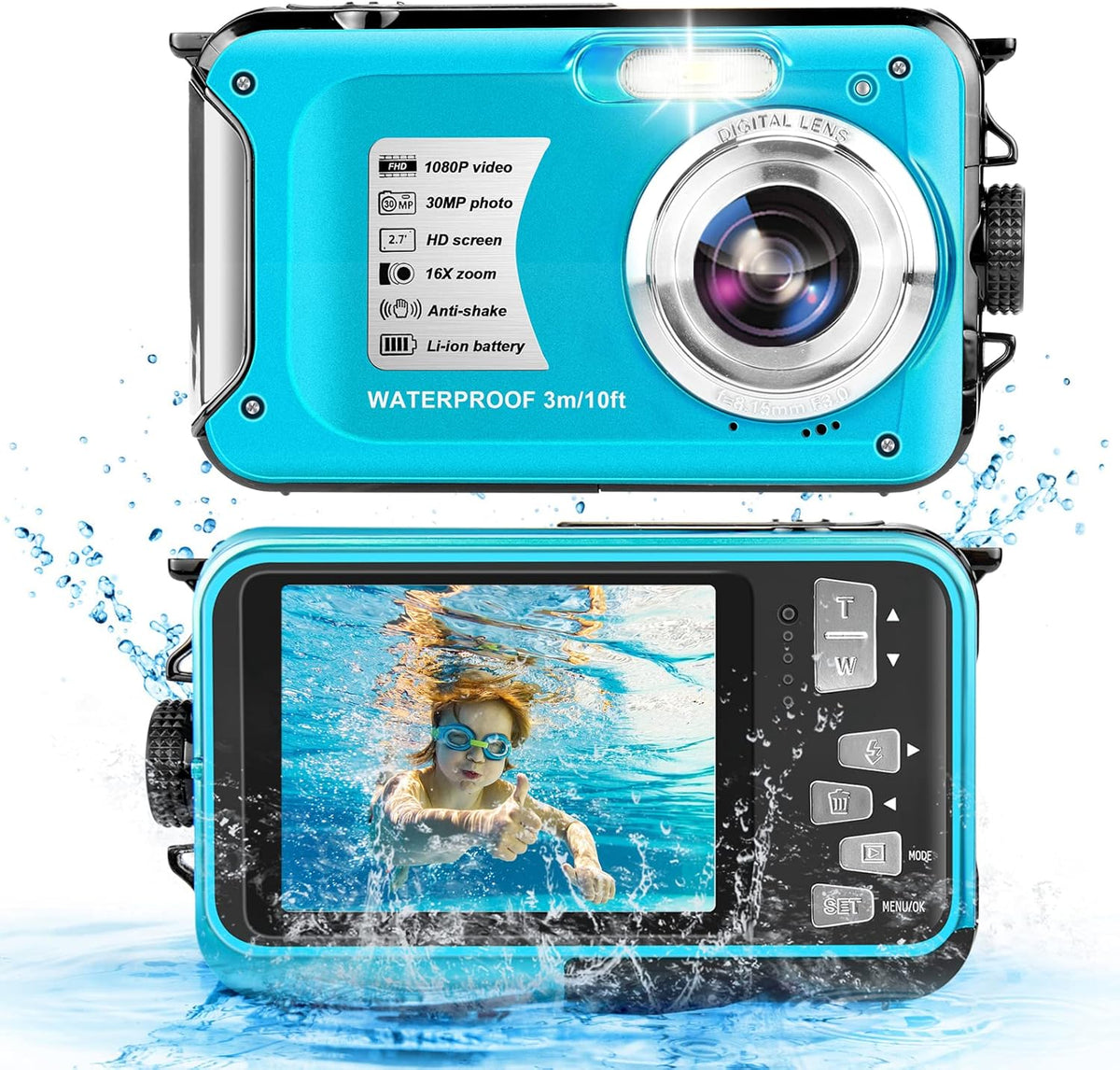 Blue 30MP 1080P 16X Zoom Waterproof Digital Camera D625587