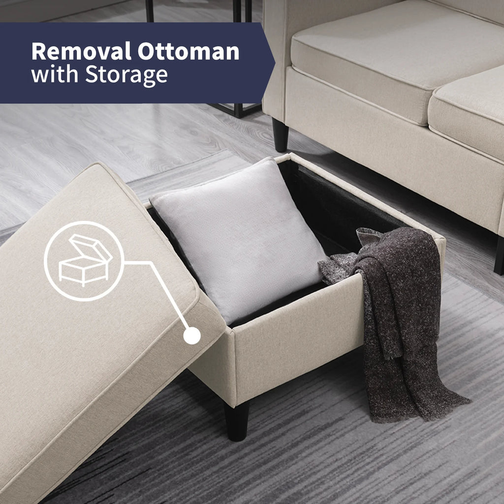 Beige Convertible Sectional Sofa Couch with Storage Ottoman A5396