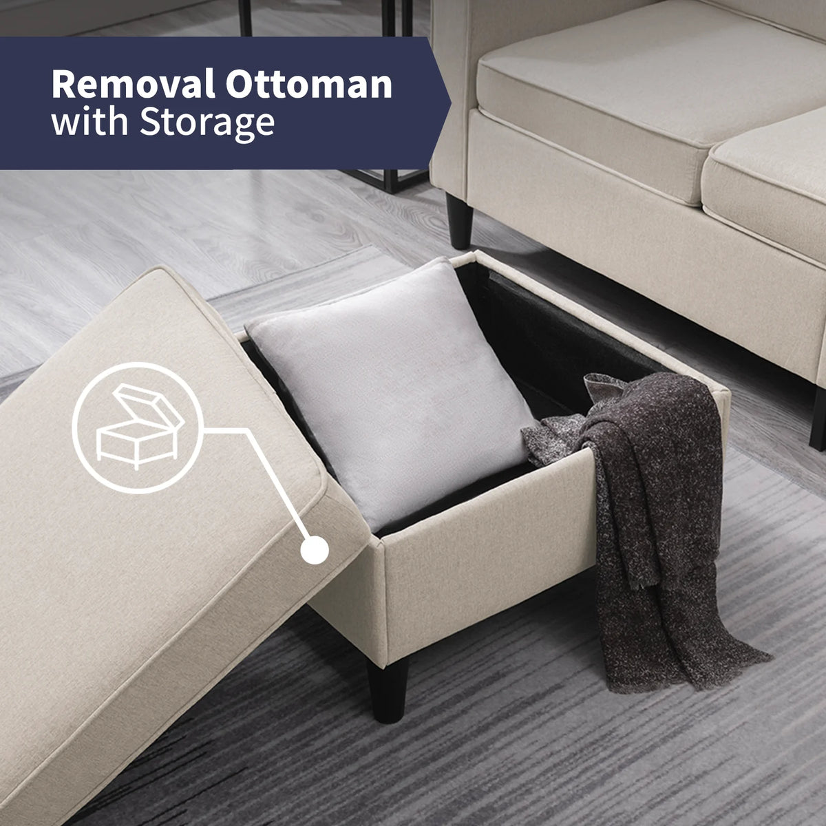 Beige Convertible Sectional Sofa Couch with Storage Ottoman A5396