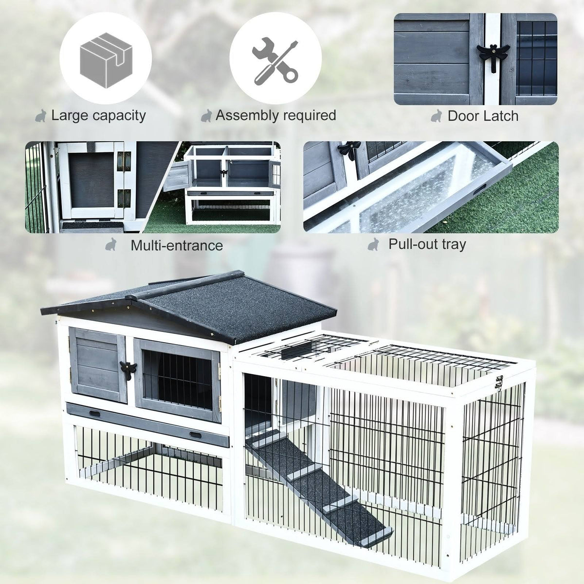 Solid Wood Rabbit Hutch with Black Metal Cage and Easy Clean Tray Q7798