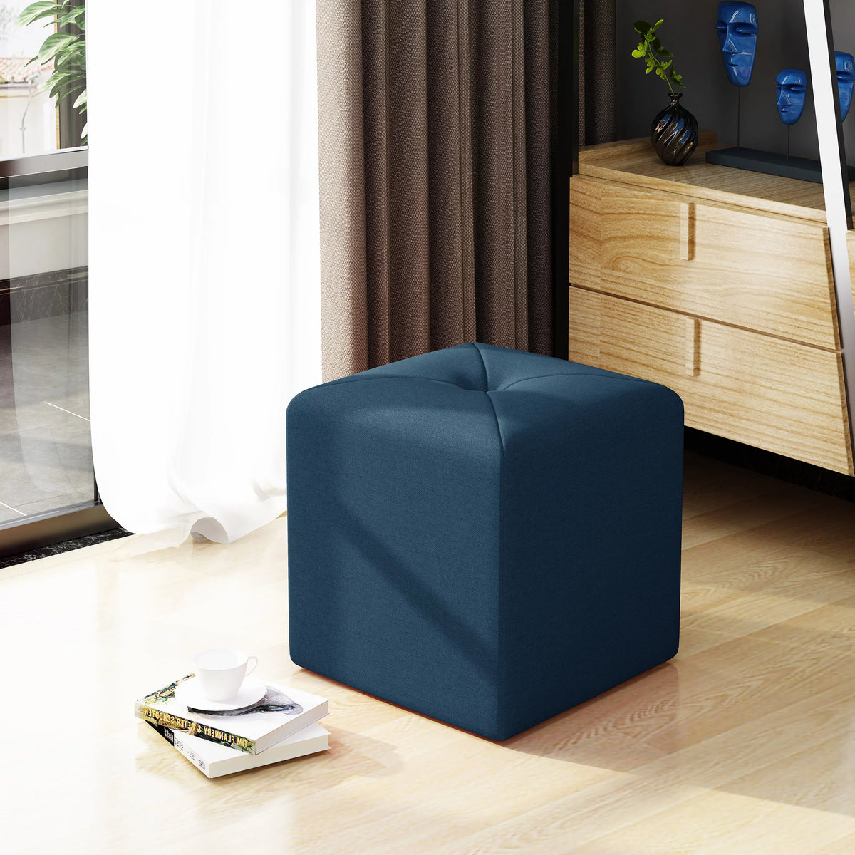 Navy Blue Fabric Square Ottoman P128230