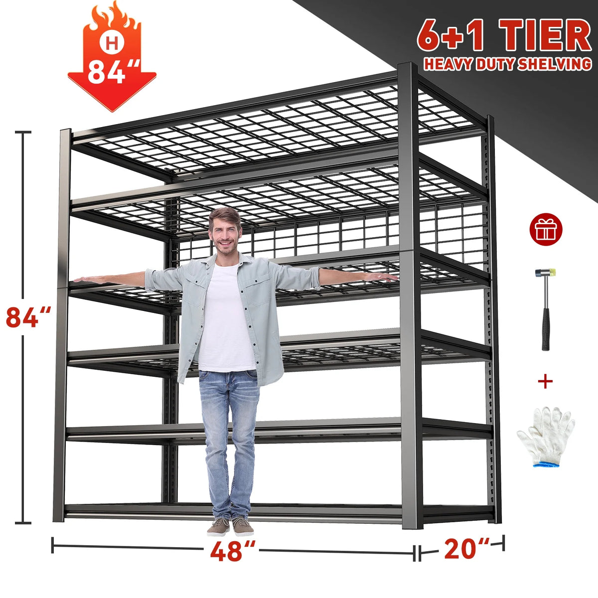 84" H Black 6-Tier Adjustable Metal Wire Shelving Unit O8377