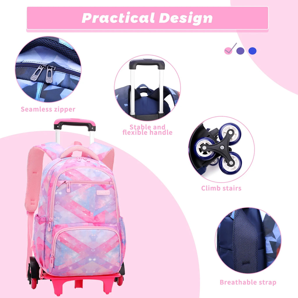 Pink Rolling Wheeled School Backpack C8430