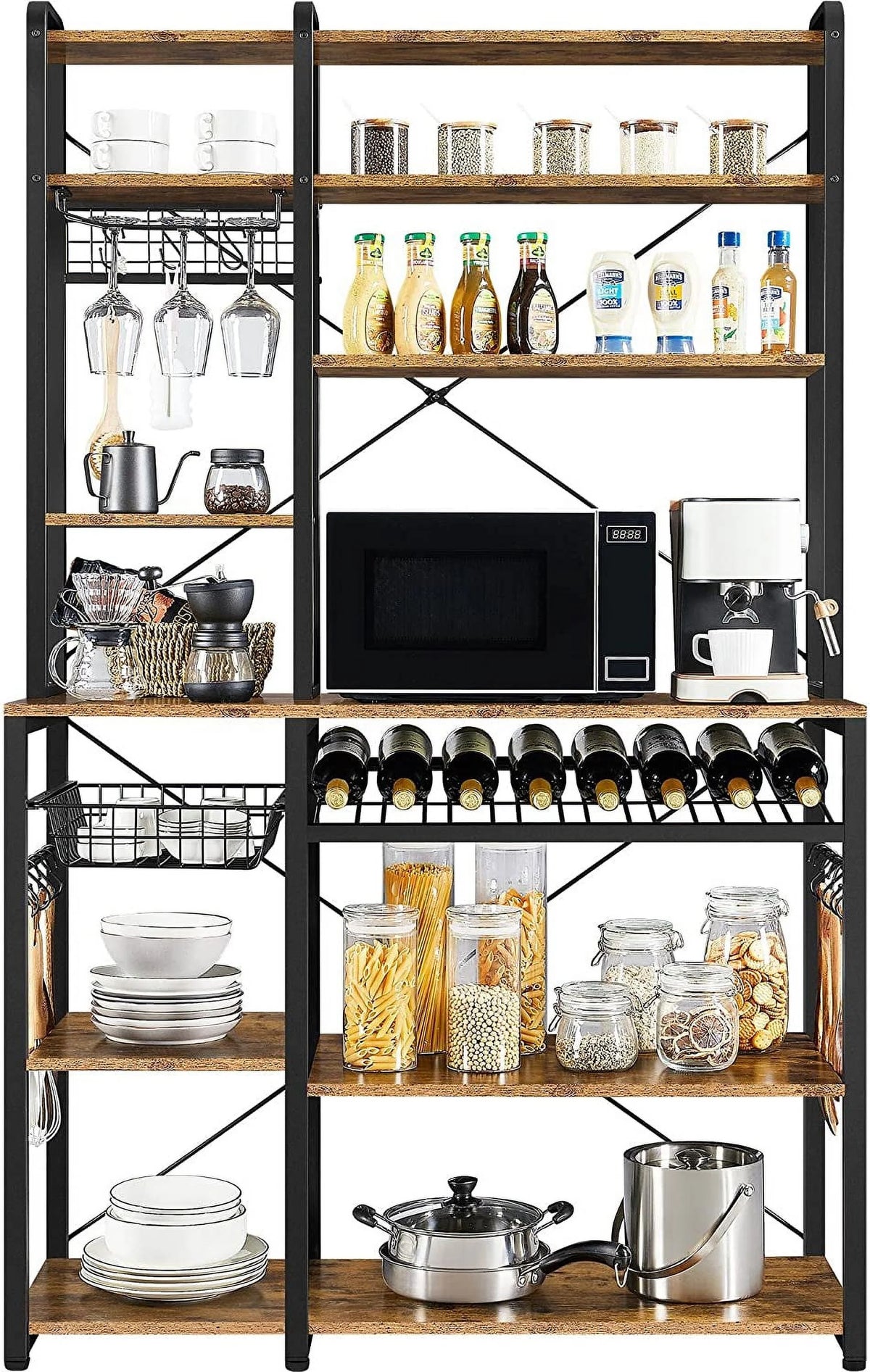Wooden Kitchen Bakers Rack with Wine Rack and 12 Hooks A97578