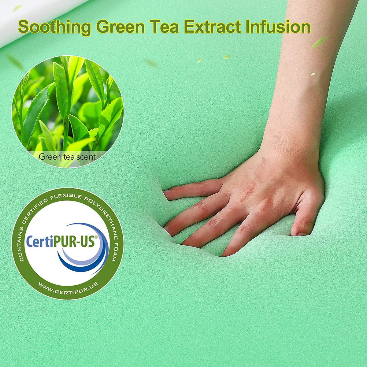 3 Inch Green Tea Memory Foam Mattress Topper with Zippered Bamboo Cover Y2298