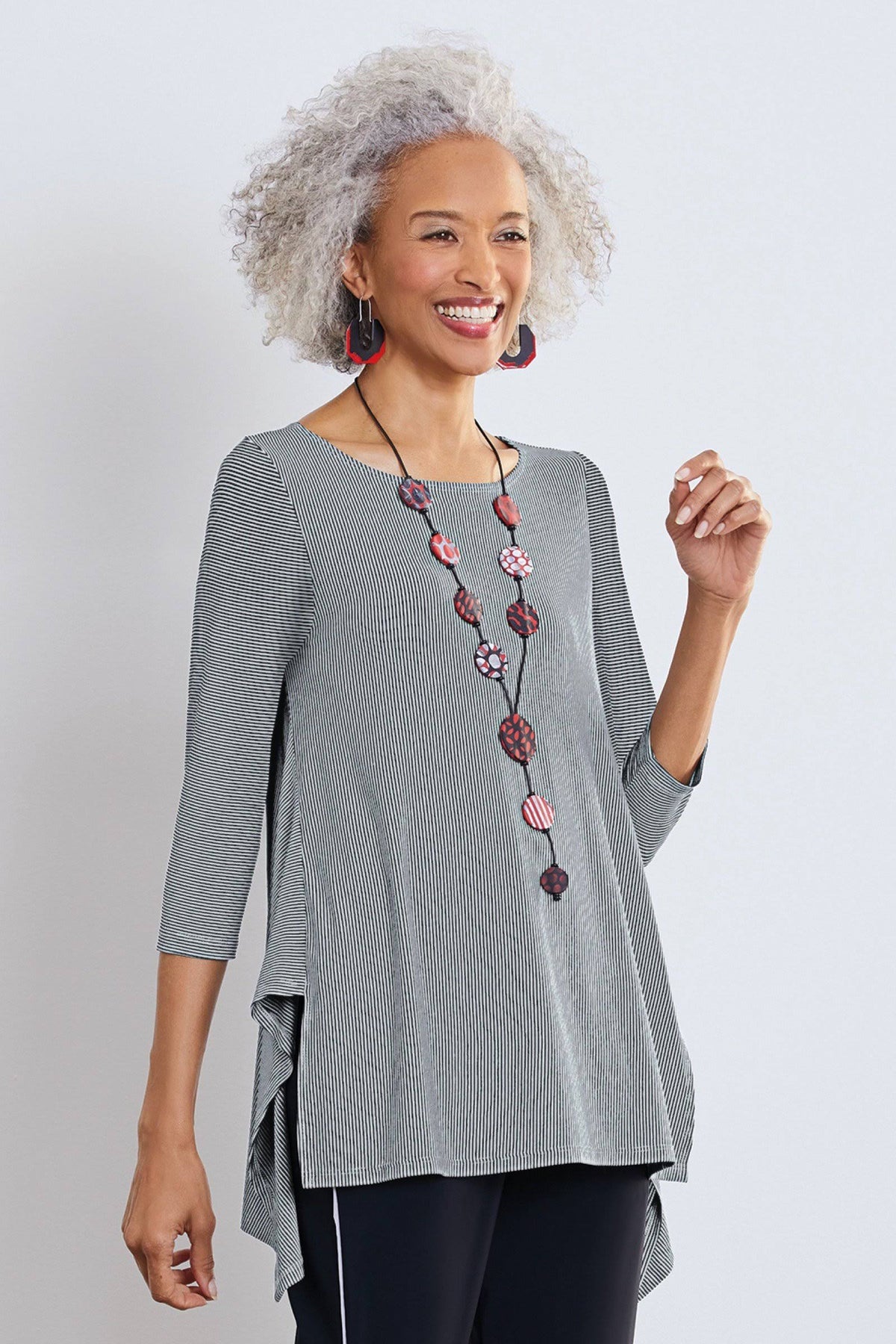 3/4 Sleeve Black White Microstripe Knit Top M672484