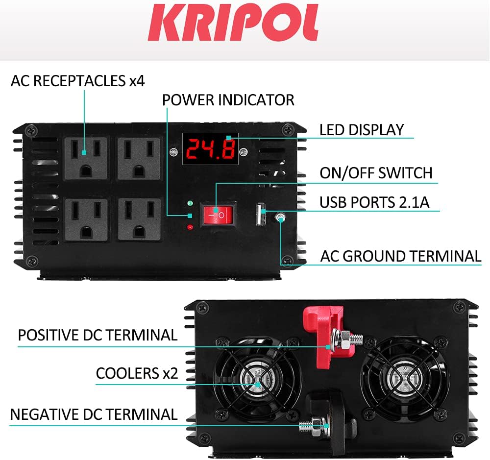 1500 Watt Pure Sine Wave Power Inverter 12V DC to 110V AC 60HZ with 4 AC Outlets and 1 USB Output I241