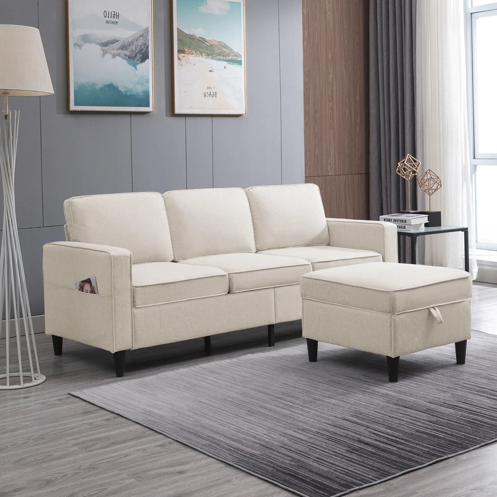 Beige Convertible Sectional Sofa Couch with Storage Ottoman A5396