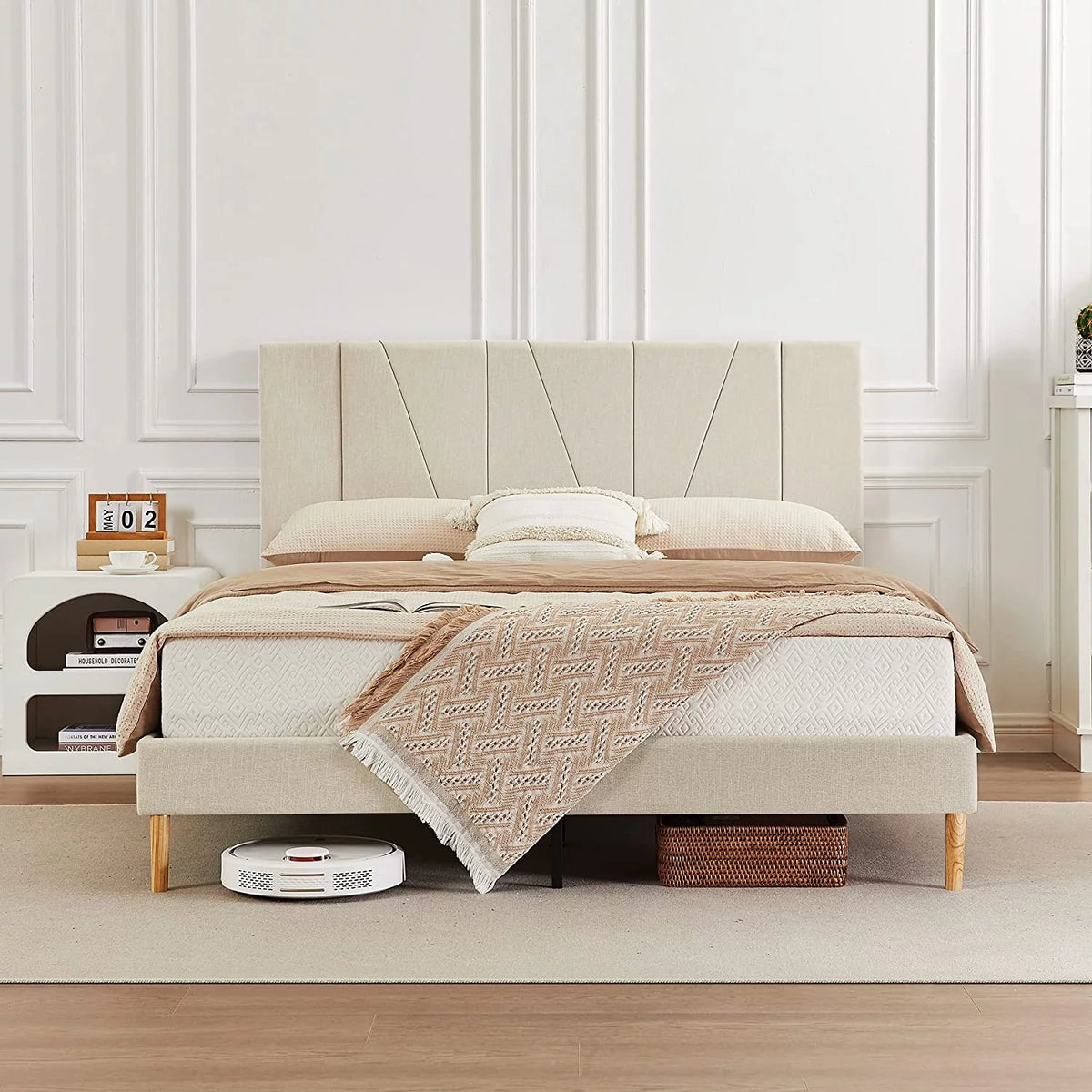 King Size Beige Fabric Upholstered Platform Bed Frame D75168