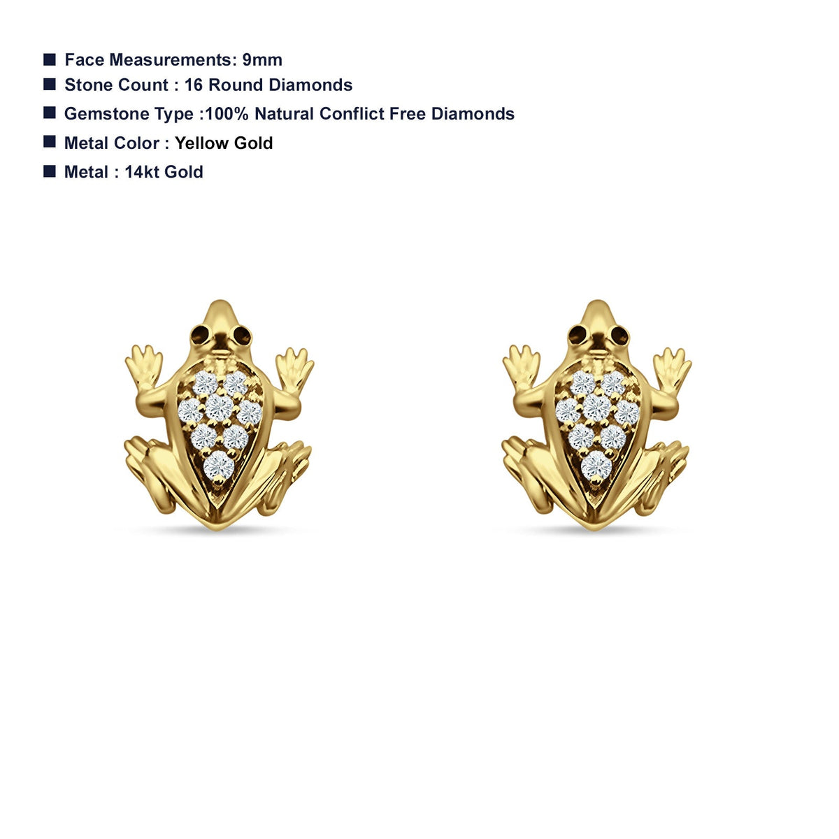 14K Yellow Gold Frog Stud Earrings W5384