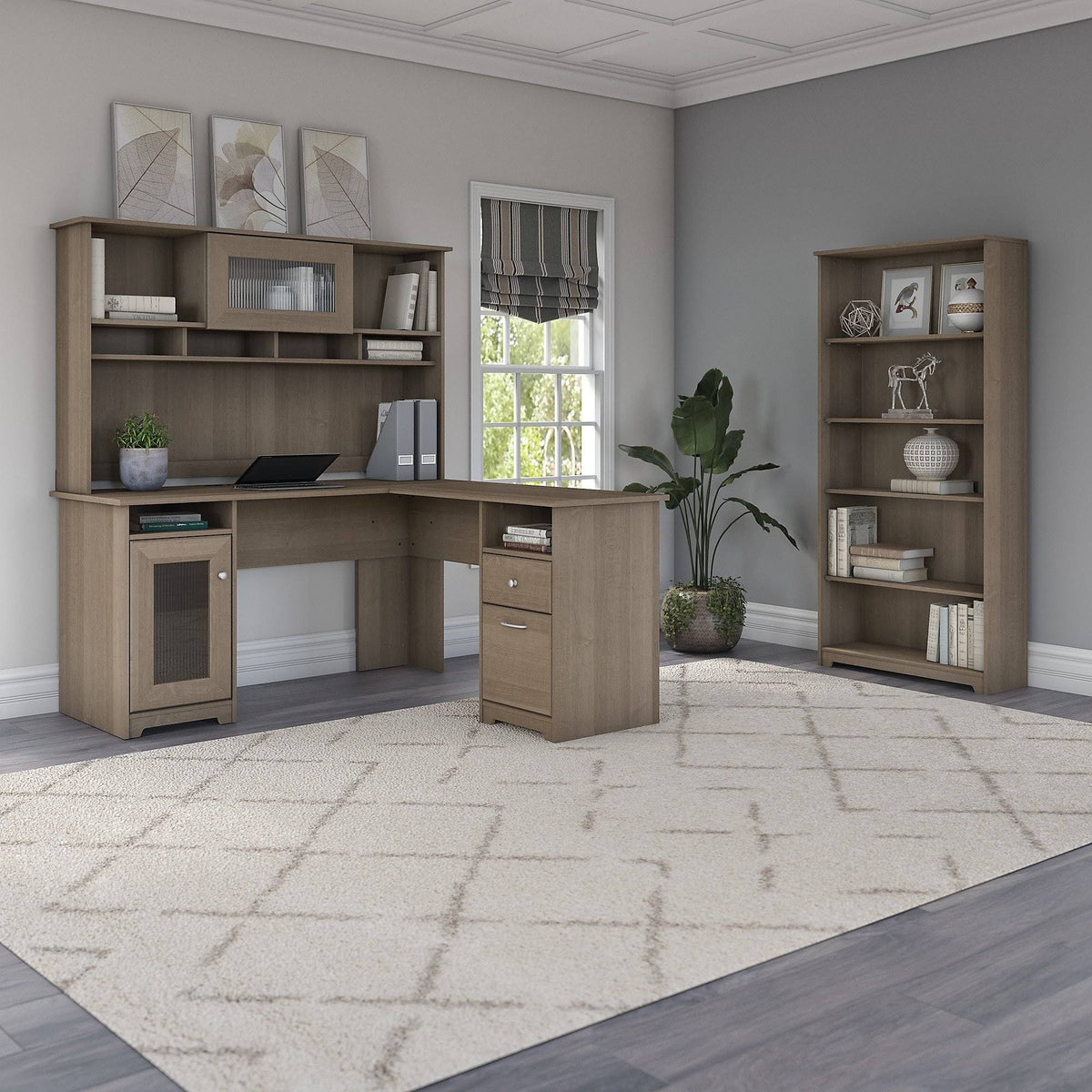 Heather Gray Metal L-Shaped Hutch Desk with 5-Shelf Bookcase E528