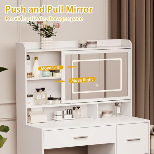 White Vanity Desk with Mirror and Chair B704298