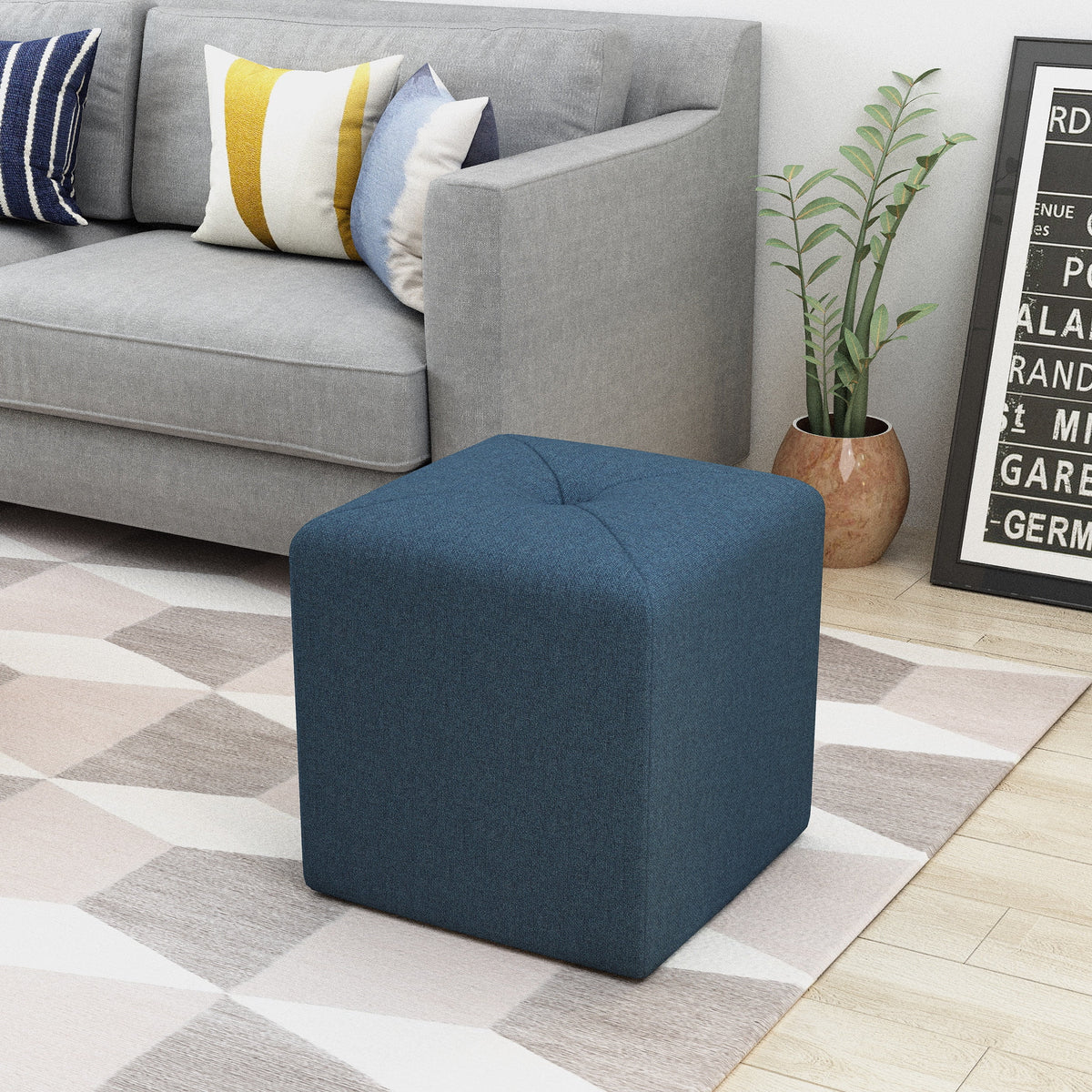 Navy Blue Fabric Square Ottoman P128230