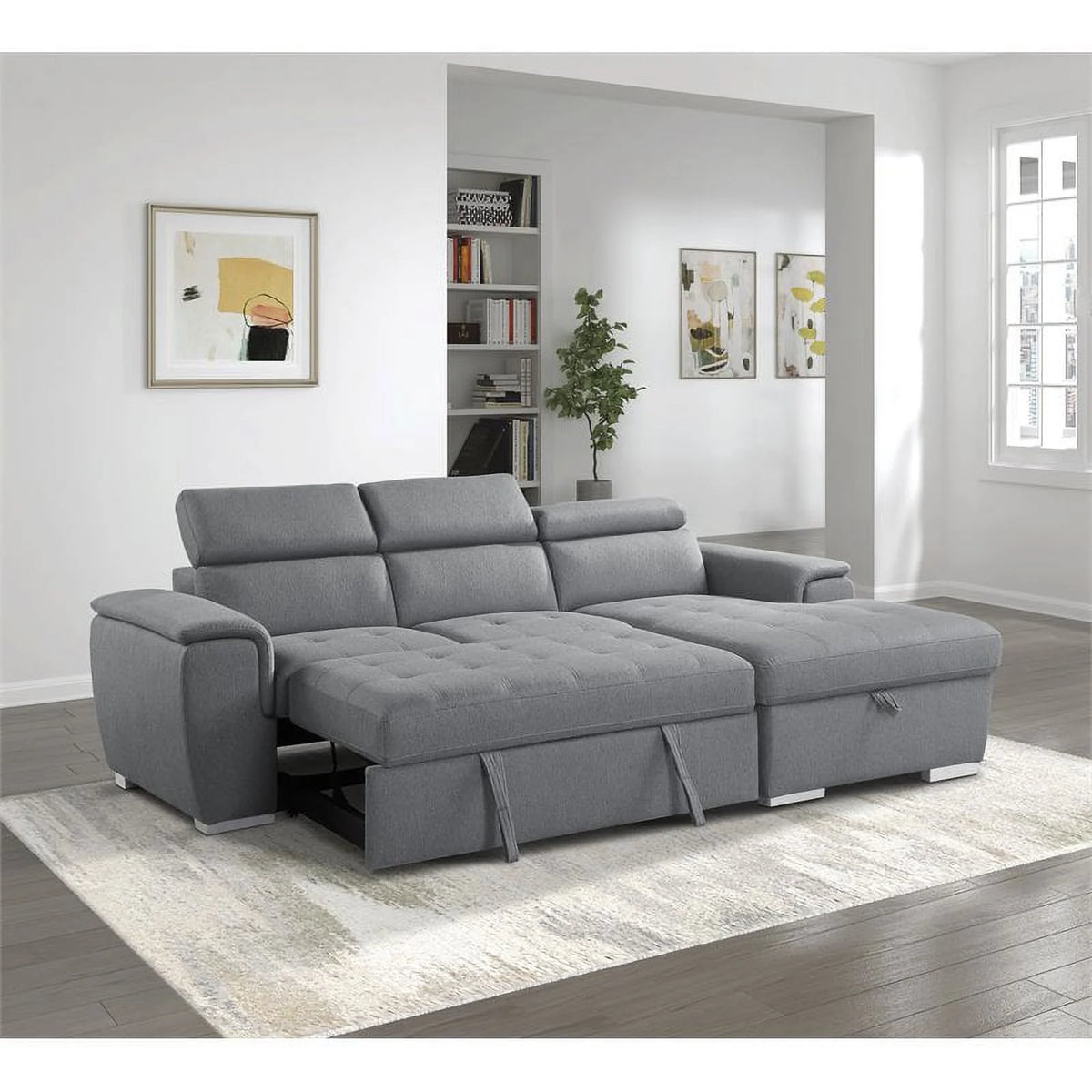 Gray 2-Piece Fabric Sectional with Pull-Out Bed K4498