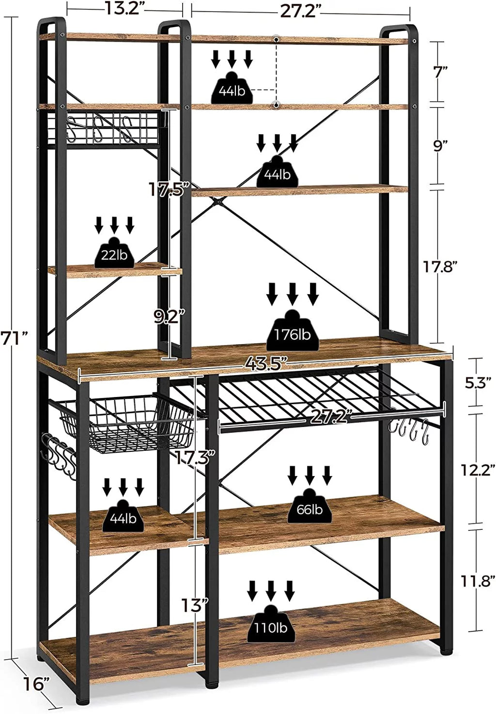 Wooden Kitchen Bakers Rack with Wine Rack and 12 Hooks A97578