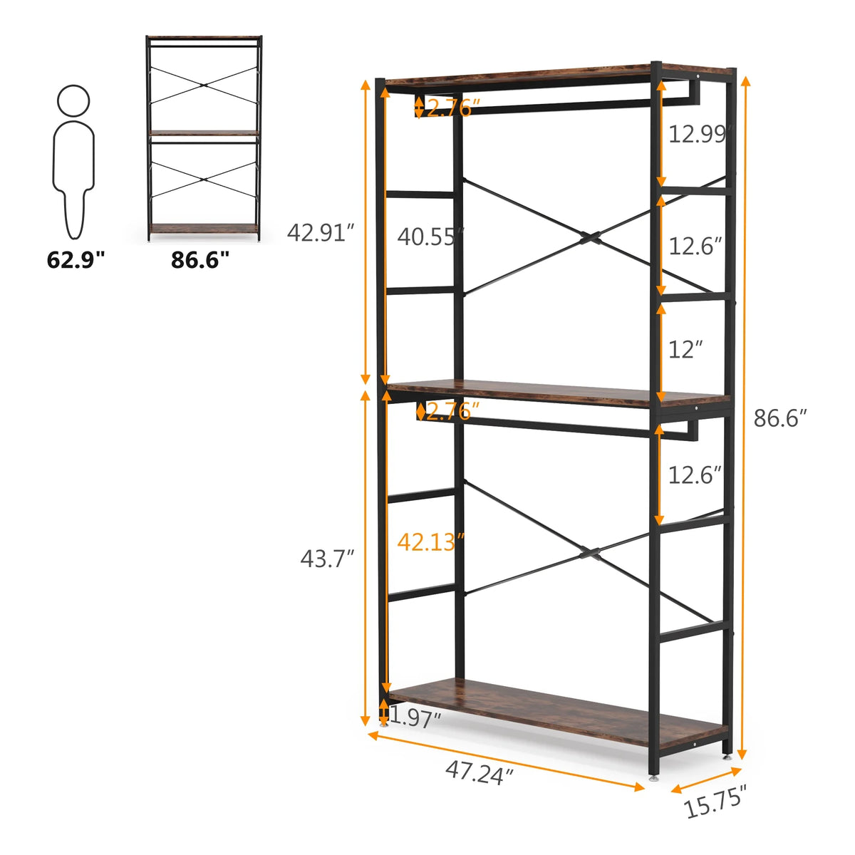 86 inches Double Rod Closet Organizer, Freestanding 3 Tiers Shelves Garment Racks M180